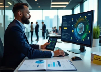 A man in a modern office analyzes digital data on a large monitor and tablet, with charts and reports on his desk.