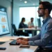 A man in business attire works at a computer showing graphs and charts in a modern office, with colleagues collaborating in the background. The scene is bright and professional. | Gatewit.com